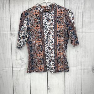 Y2K VINTAGE Beware LARGE White Orange Floral Microfiber Crop Mock Neck Top Shirt